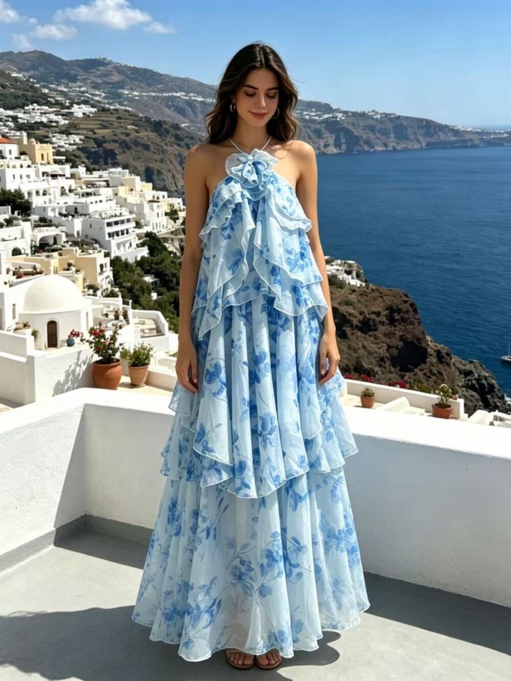 Blue Watercolor Floral Halter Dress - Picture 2 of 4